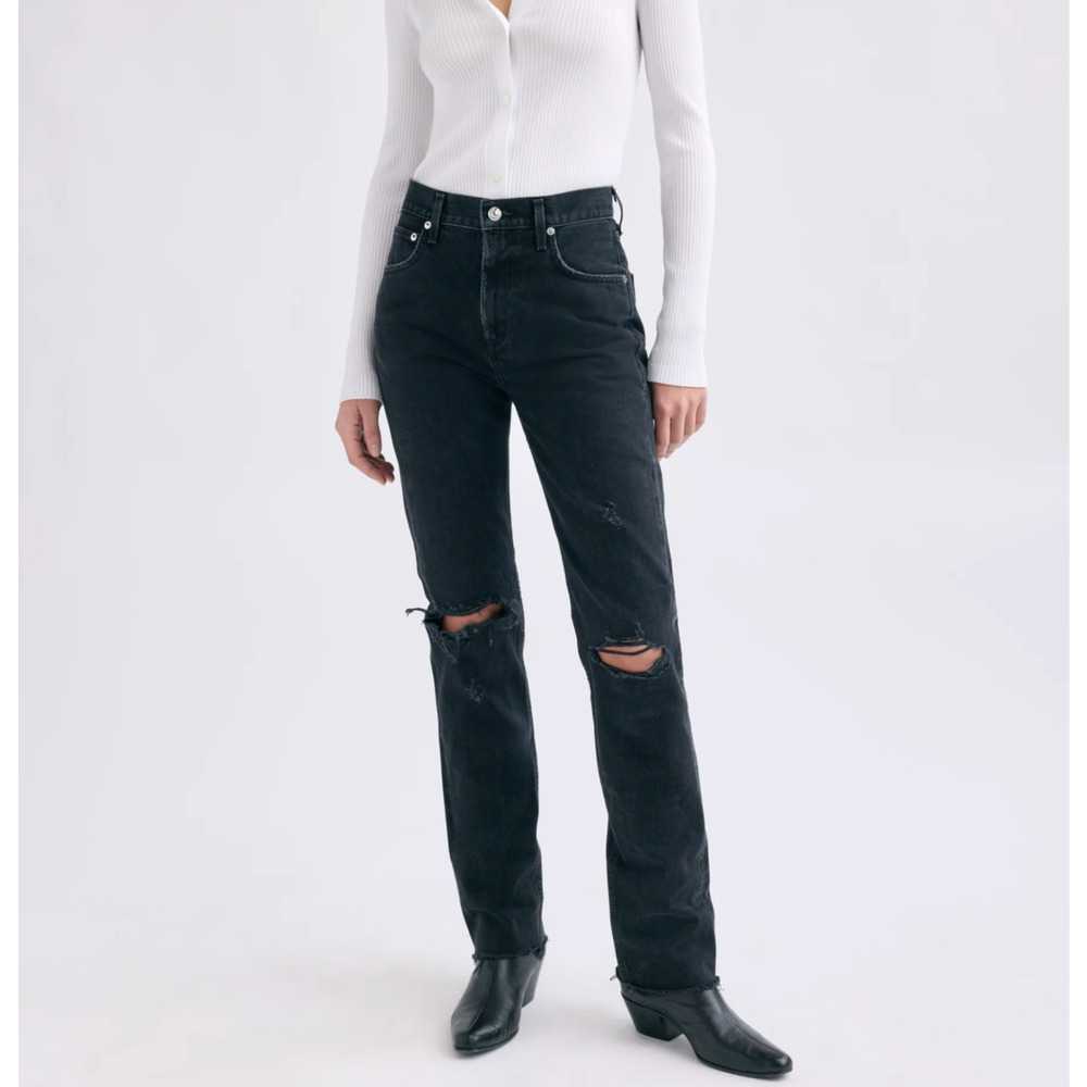 High-Rise Black Distressed Straight-Leg Jeans